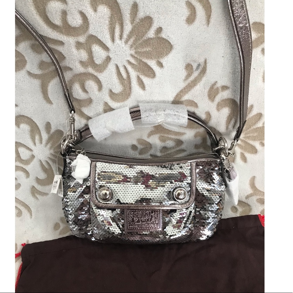 NWT RARE Coach gray sequin Poppy cross body bag - Picture 6 of 10